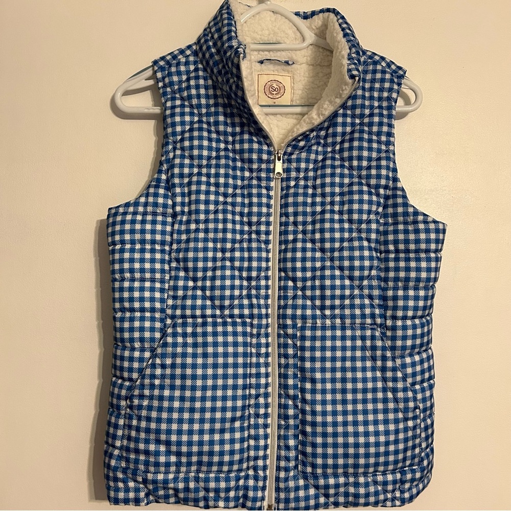 SO Blue White Checkered Quilted Gingham Womens Vest Faux Fur Lined Medium Pocket